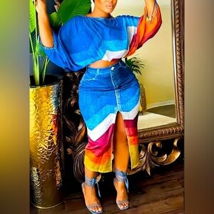 1C2P: 2 Piece: Multi-Color Denim Print Top & Half Skirt Suit, NWOT